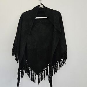 Vera Pelle Suede Shawl Wrap Black Fringe, Made in Italy
